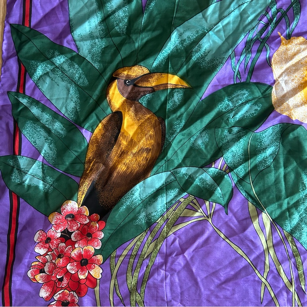 Rene gallet 100% pure silk vintage tropical bird square scarf leaves flowers - Picture 4 of 8
